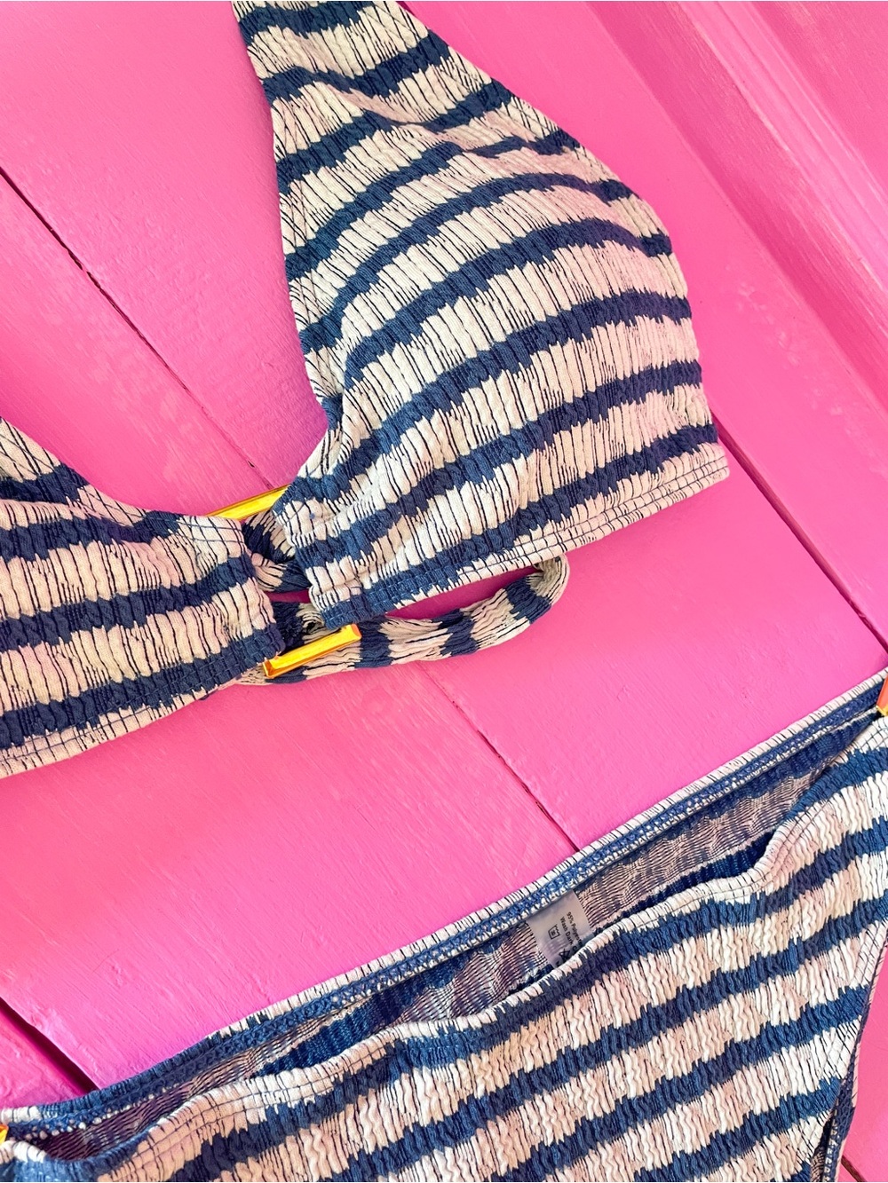 SHEIN Navy and White Striped Textured Halter Bikini - Picture 2 of 4